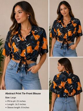Retro style Tie-Front Blouse – Size Large – Black & Orange Statement Top